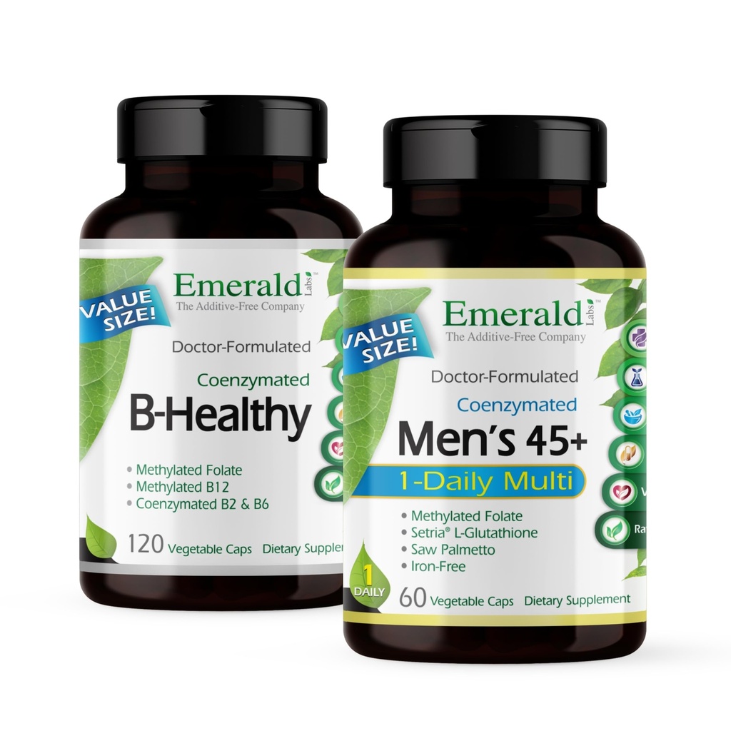 EMERALD LABS Bundle with B Healthy (120 Veg Caps) &amp; Men's 45+ 1-Daily Multi (60 Veg Caps) - Vegan Vitamin B Complex with Full Spectrum B Vitamins - Men's Multivitamin with CoQ10, Lycopene &amp; More