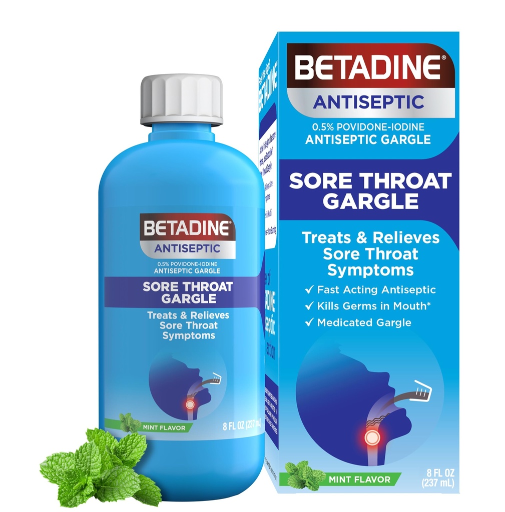 Betadine Antiséptico Gargle Medicado, Povidone-Iodine 0.5%, Treat y Alivio de los síntomas de la garganta del llanto, reduce temporalmente los gérmenes normalmente encontrados en el ratón, Mint Flavor, 8 FL OZ