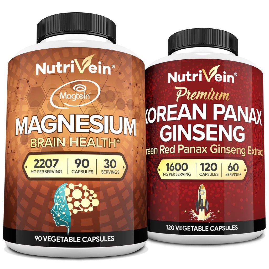 Nutrivein Premium Magnesium L-Threonate &amp; Panax Ginseng Supplement Bundle: High-Absorption Magnesium Threonate and Red Ginseng Supplement Pair for Brain, Mood, " Vitality