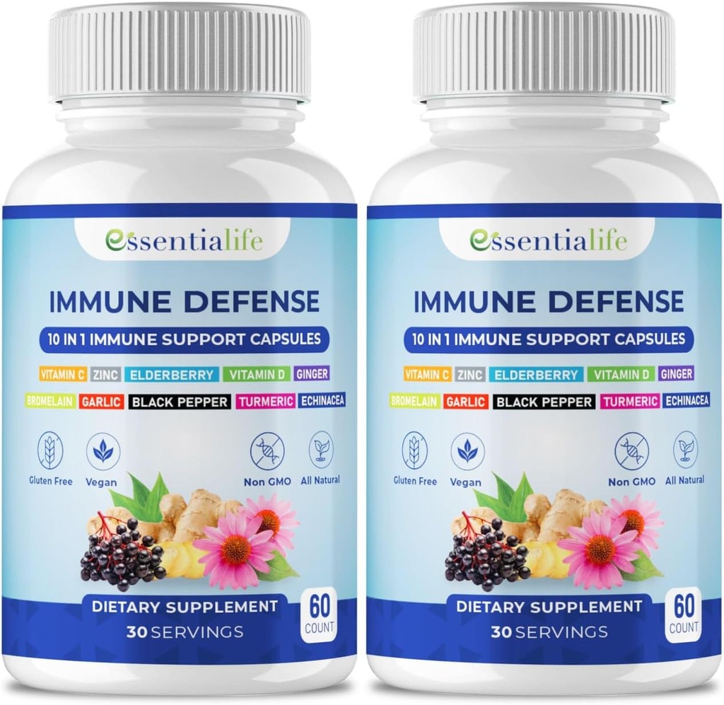 Suplemento de Apoyo Inmuno - 2 Packs 10 en 1 Elderberry, Echinacea, Vitamina D, Vitamina C 1000mg & Suplemento Zinc - con Booster Inmunitario para Adultos - 120 cápsulas de vitaminas