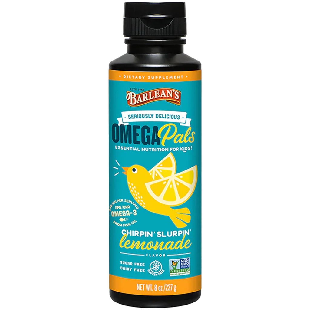 Suplemento líquido de aceite de pescado Omega 3 de Barlean para niños, limonada de Chirpin, 540 mg de EPA y DHA Fatty Acid, 8 oz