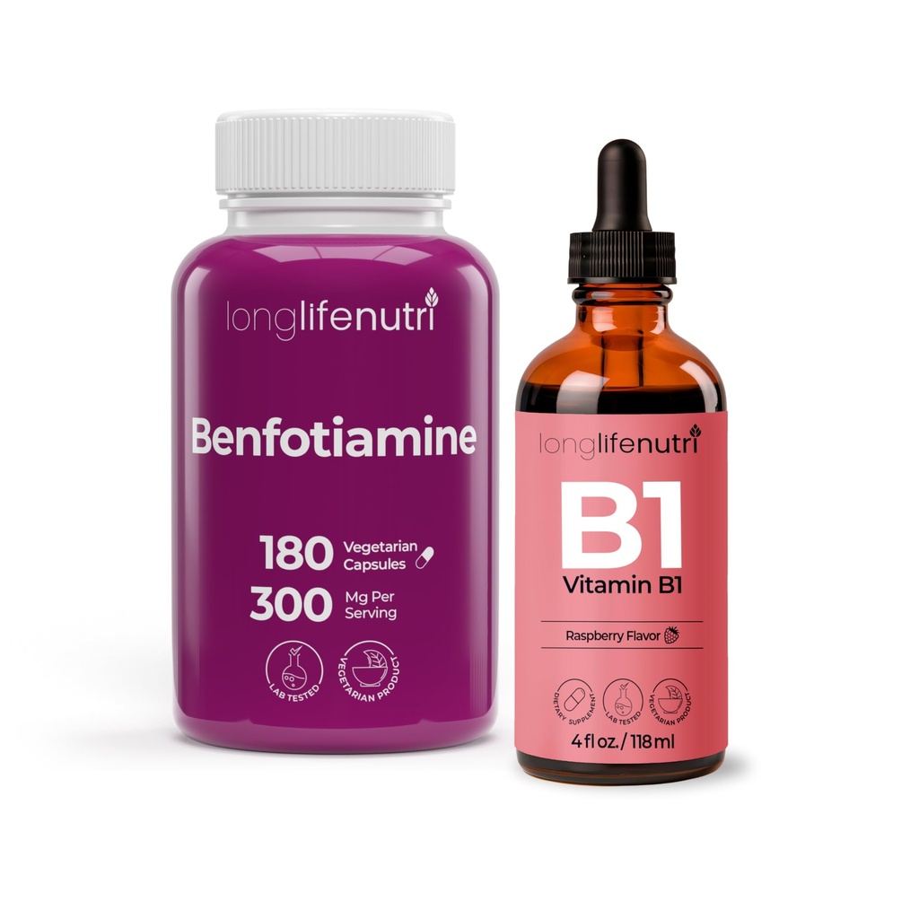 Benfotiamine 300 mg 180 Veg Caps + Liquid Vitamin B1 Drops (4 fl oz) Bundle - Dual Action Thiamine for Energy & Nerve Health - 6 Month Supply, Fast Absorption, Vegan, Lab - Made is USA Tested