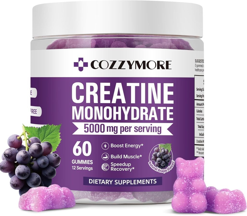 Cretina Monohydrate Gummies 5000mg para Hombres &amp; Mujeres, Gomitas de Creatina Cretina Monohydrate 5g, Creatina Monohidratada Gummy para Muscle Builder, Energy Boost, Pre-Workout Suplemento, 60 Conde, Grape