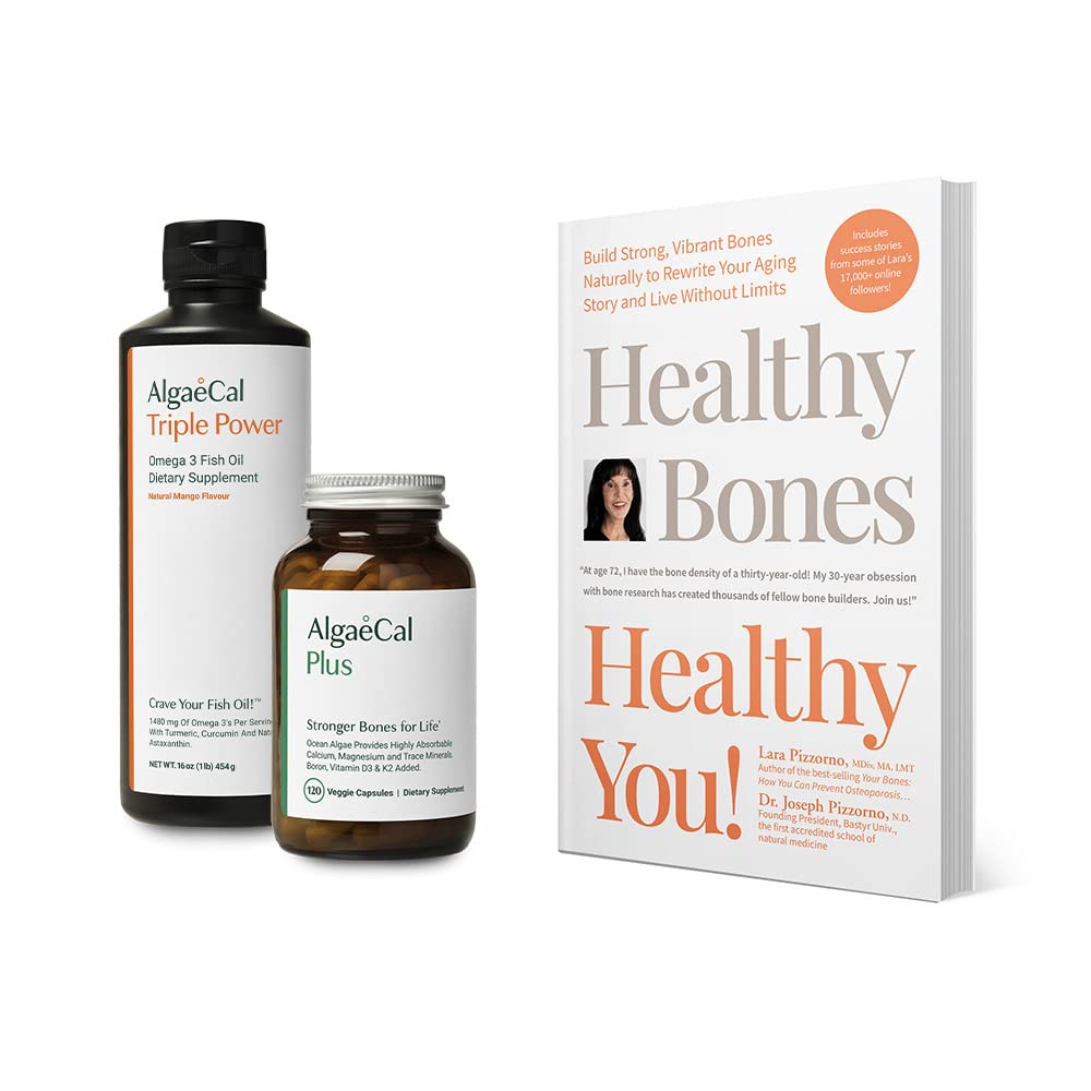 ALGAECAL Bundle - Suplemento de calcio con vitamina D + K2, Mag, Boron &amp; Omega 3 Aceite de pescado con EPA &amp; DHA y Libro de Lara Pizzorno Huesos saludables Usted, para aumentar la salud del hueso