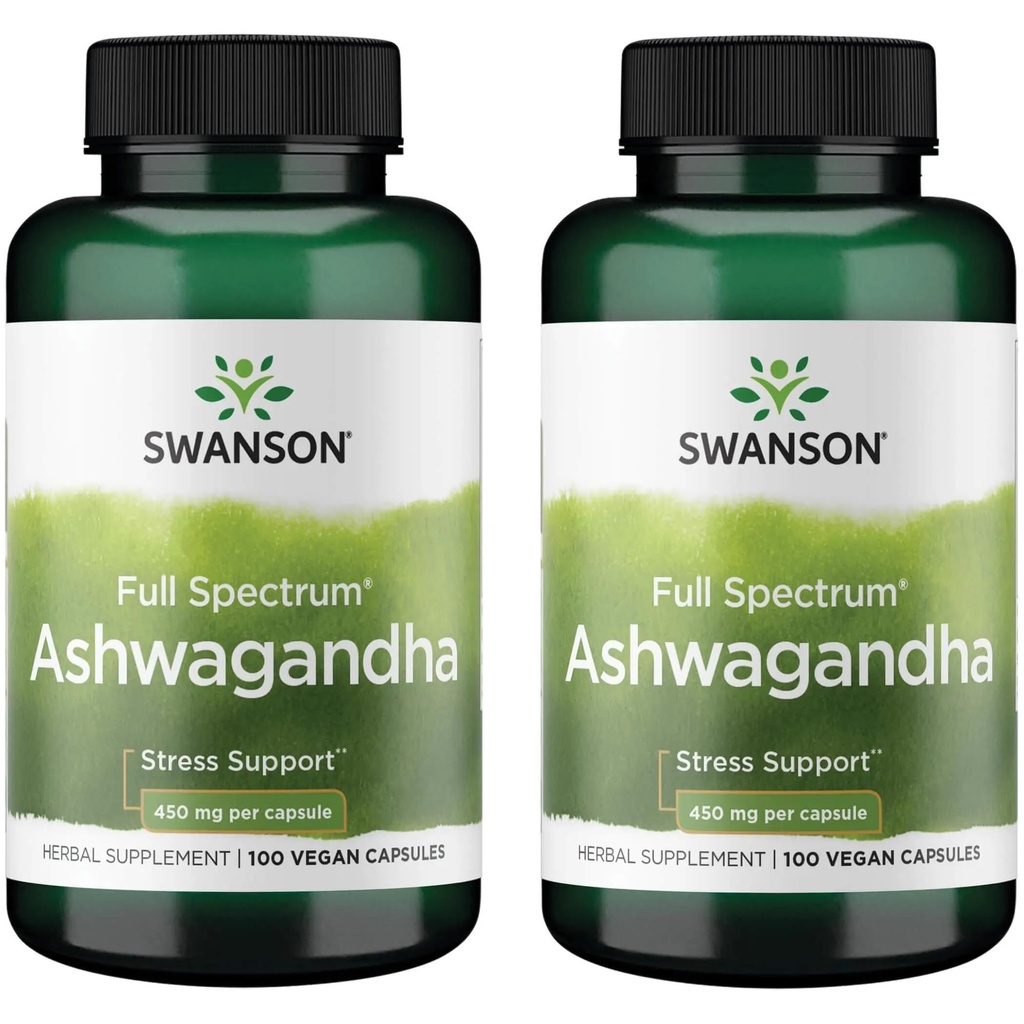 Swanson Ashwagandha Powder Supplement - with Ashwagandha Root to Promote Stress Relief & Energy - Ayurvedic Supplement for Natural Wellness (100 cápsulas, 450 mg cada uno) 2 Pack