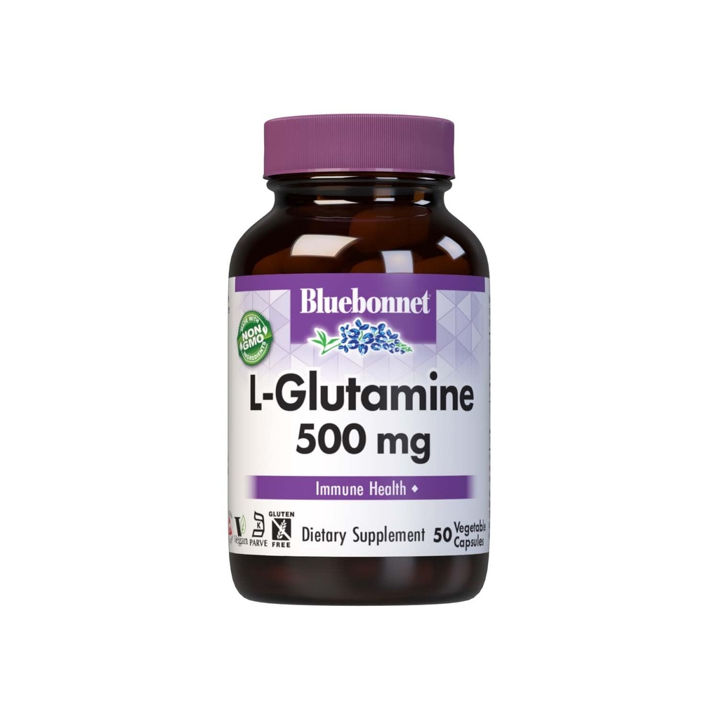 Bluebonnet Nutrition L-Glutamine 500mg, Supports Immune Function, Nitrogen Transporter, Soy &amp; Gluten-Free, Non-GMO, Kosher Certified, Vegan, 50 Vegetable Capsules, Blanco, 50 Conde