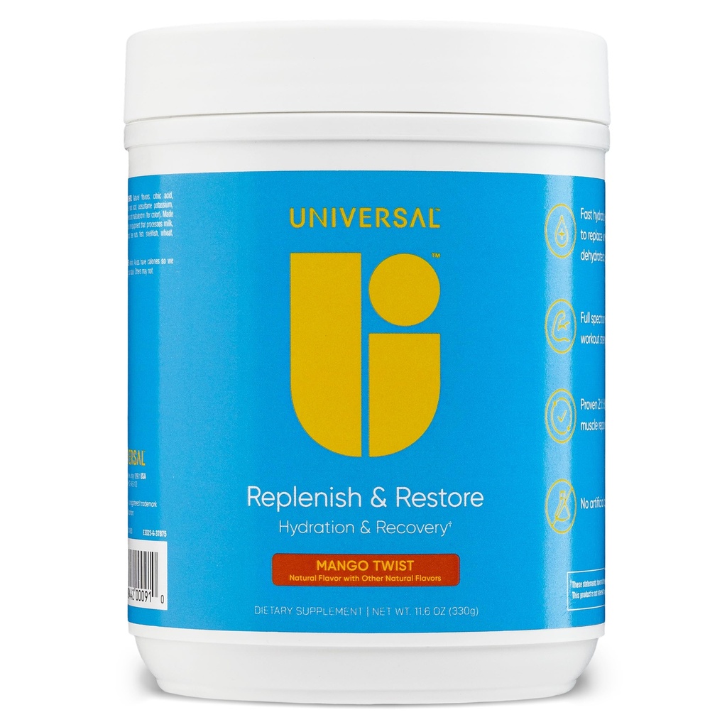Universal U Replenish " Restore Powder, Hydration " Recovery, Promotes Muscle Repair and Growth, Custom Dosing, L-Lysine, L-Glutamine, L-Tryptophan, No Artificial Flavors, 30 Servings (Mango Twist)
