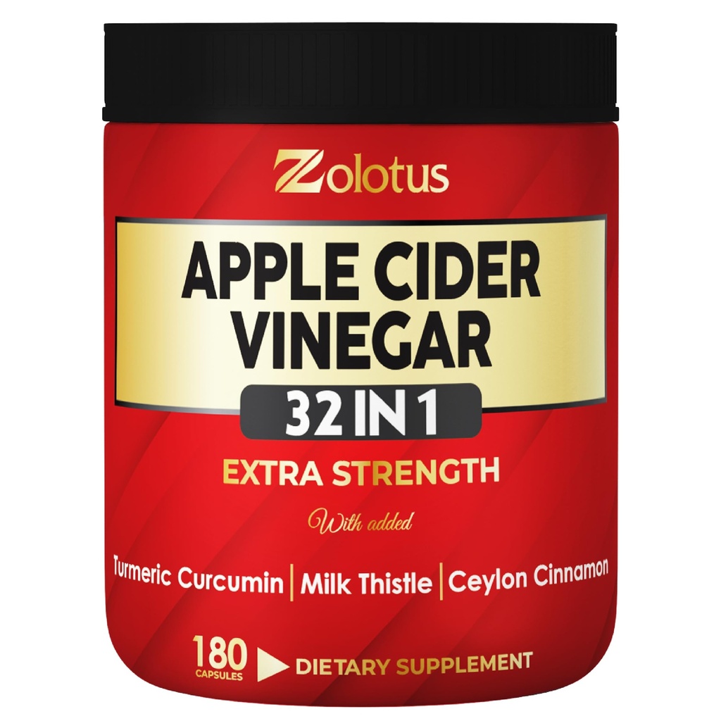 Zolotus 32in1 Cápsulas de vinagre de manzana con Turmeric, Cinnamon, Milk Thistle, Elderberry, Quercetin &amp; Más para soportes Digestión, Immune - 180 Cápsulas