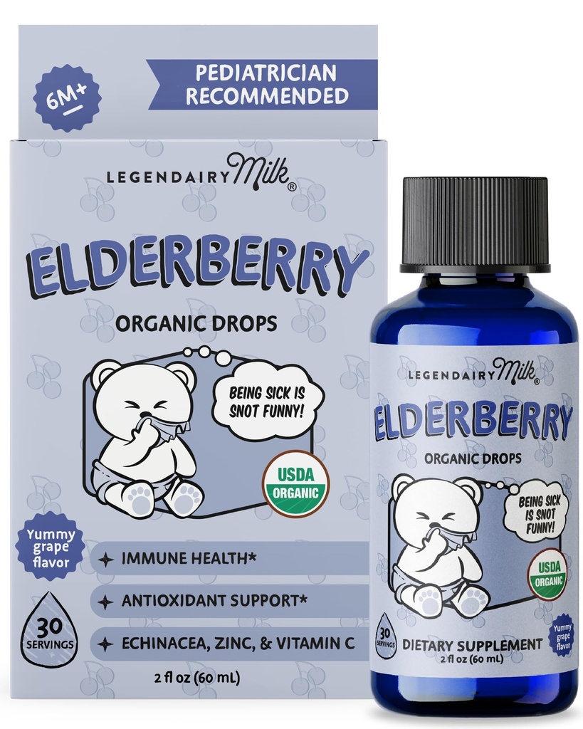 Legendairy Milk Organic Elderberry Drops - Baby Multivitamin with Echinacea, Vitamina C & Zinc for Immune Support - Ideal para bebés " Toddlers, Non-GMO - 30 Servings