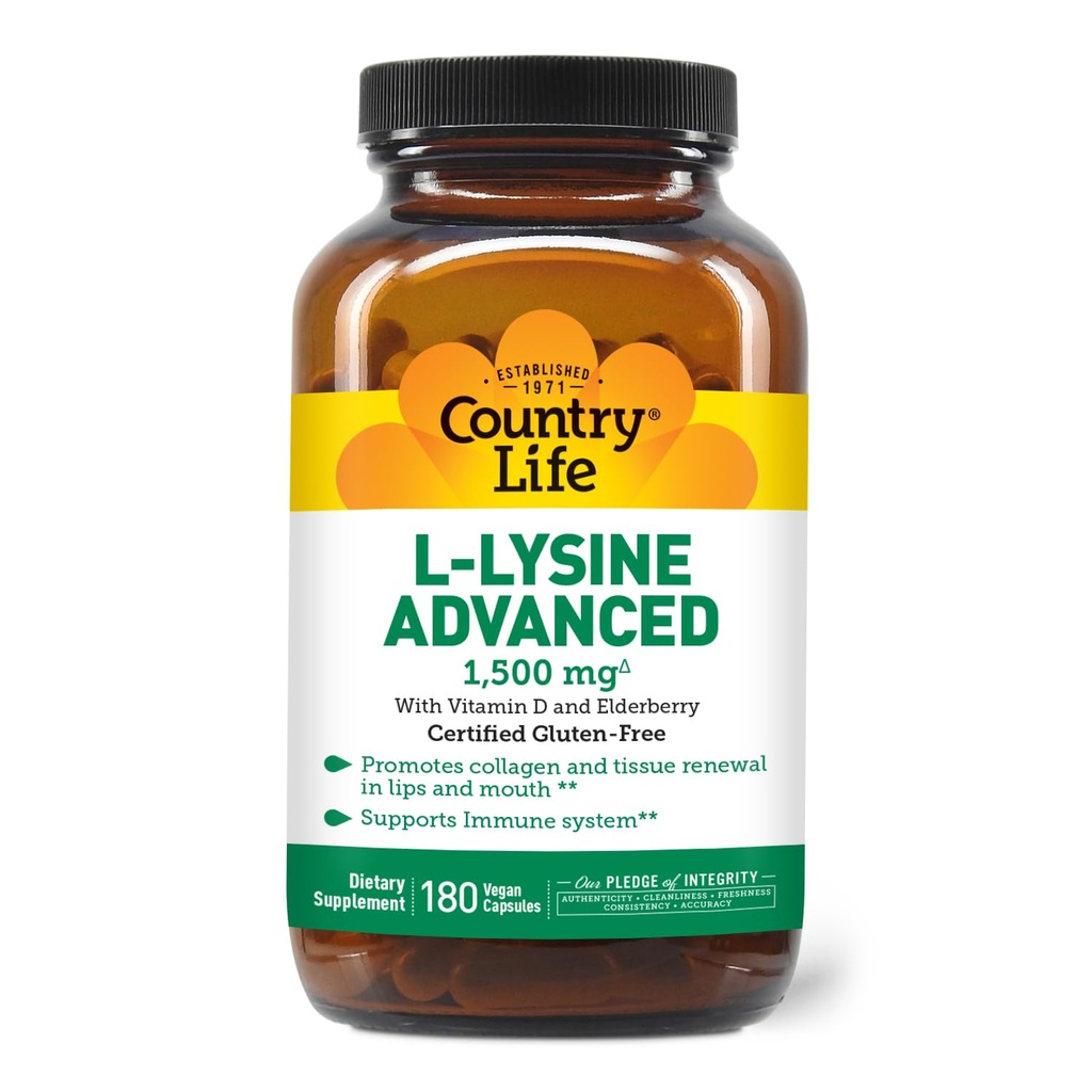 Country Life L-Lysine 1500mg Cápsulas con Vitamina D &amp; Elderberry – Soporte avanzado y renovación de colágeno – Certified Gluten-Free & Vegan – 180 Cápsulas