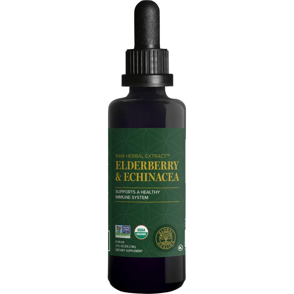 Global Healing USDA Organic Elderberry &amp; Echinacea Liquid Supplement Tincture ← Antioxidant Immune Support Against Harmful Organisms for Adults and Kids, Vegan, Non-GMO, 1-Month Supply (2 Oz)
