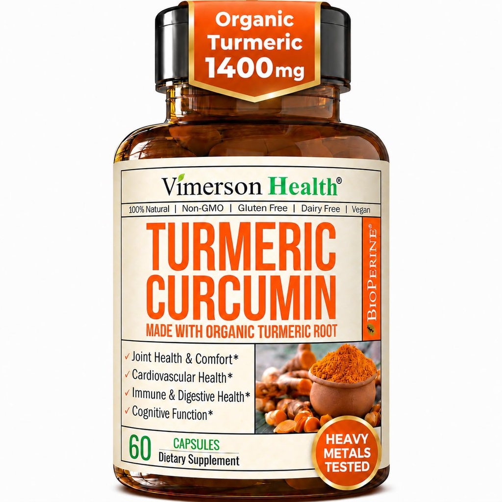 Suplemento de Curcumina Turmérica con Extracto de Pepper Negro - Turmérico orgánico de alta potencia 1400 mg " 95% Curcuminoides para la salud mixta " - Suplemento de Apoyo Conjunto - 60 cápsulas de Curcuma Vegan