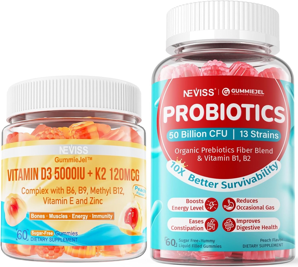 NEVISS Vitamina D3 K2 Gummies +Sugar Probióticos Libres Gummies