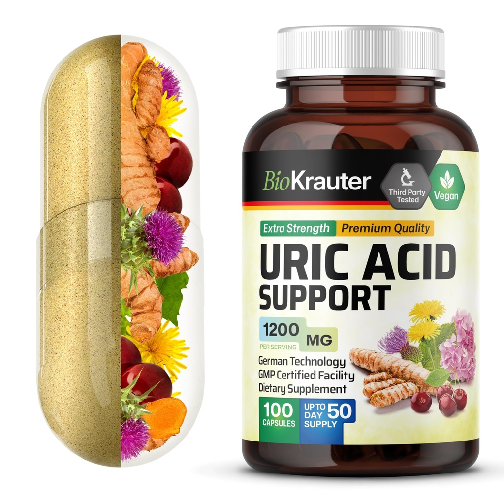 BIO KRAUTER Uric Acid Support Capsules 1200 mg Blend - 100 Count - Kidney Supplement w/Tart Cherry 10:1 Extract - Milk Thistle &amp; Turmeric Extract - Vegan
