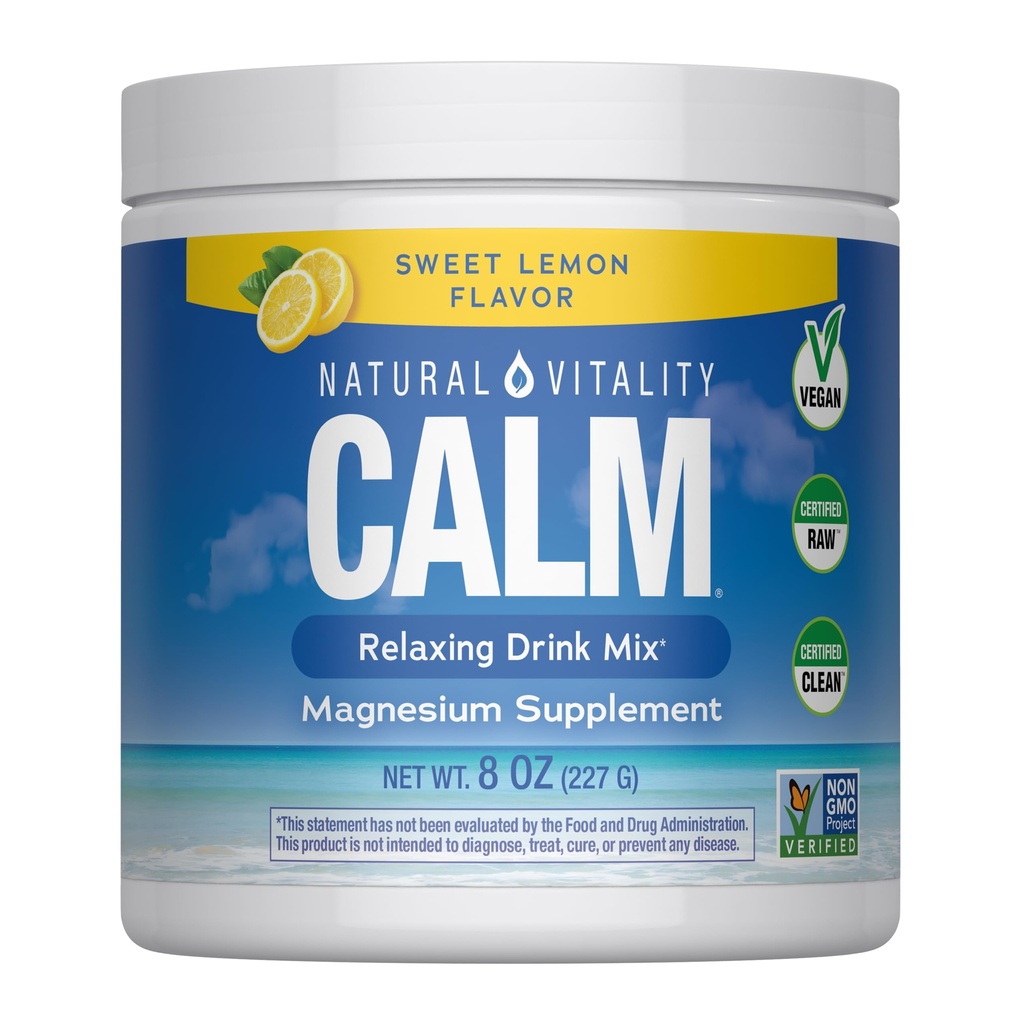 Natural Vitality Calm, Suplemento Magnesio, Anti-Stress Drink Mix Powder, Gluten Free, Vegan, " Non-GMO, Sweet Lemon, 8 oz
