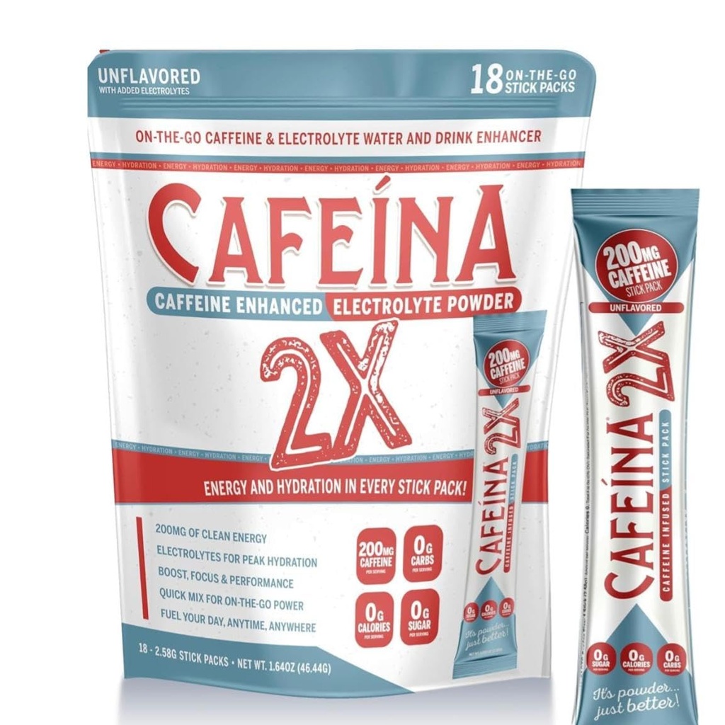 CAFEINA 2X - 200mg Caffeine y Electrolyte Infused Powder Stick Packs (18 Conde)