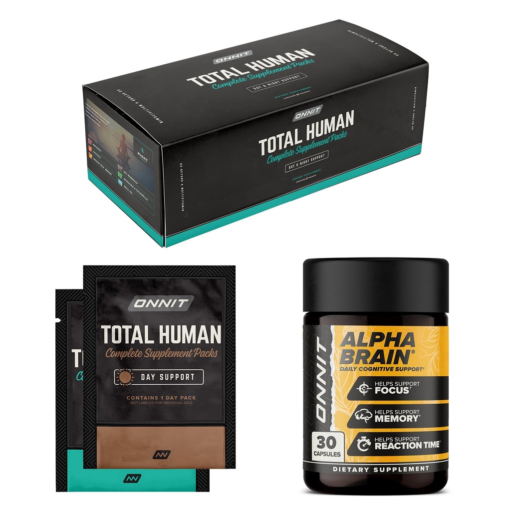 ONNIT Premium Alpha Brain Bundle - Suplemento Nootropic Brain (30 Conde) para Focus, Concentration &amp; Memory + Total Human Day and Night Vitamin Packs para Hombres y Mujeres (30-Day Supply)