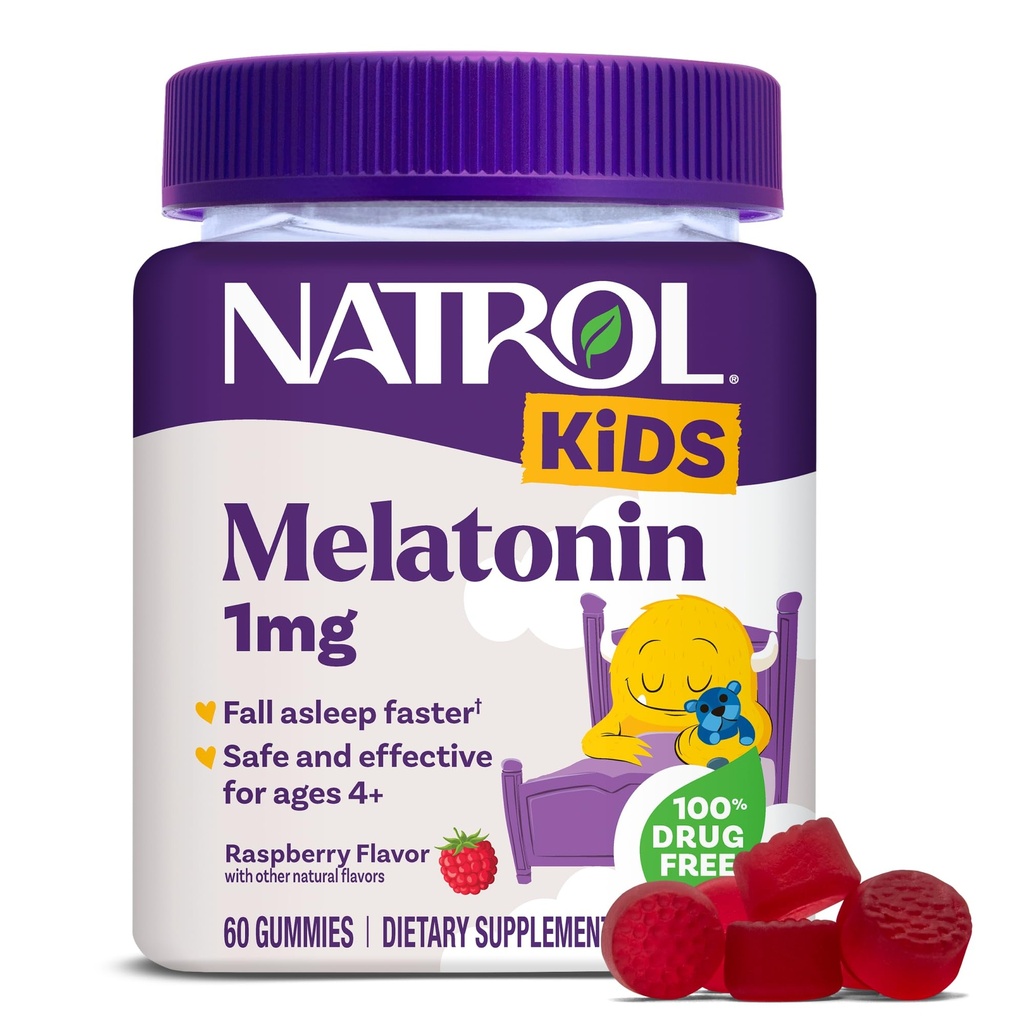 Natrol Kids Melatonin Gummies 1mg, Melatonina infantil para el descanso, 60 gomas de sueño sabor a fresa, 60 días de suministro