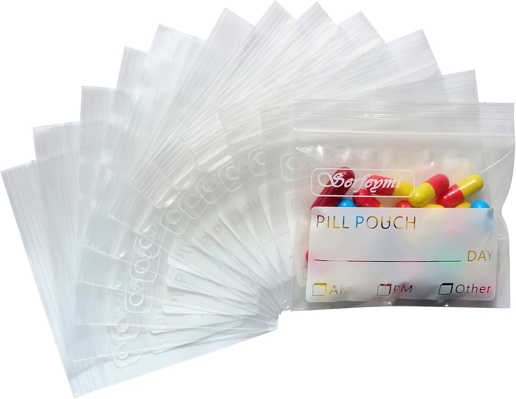 Bolsas de Pill Serfeymi para Pouch de Píldora de Viajes Pack de 120 BPA Gratis 3 x 2,75 pulgadas Pouches de Píldora Reutilizable para la Medicina con Escribe en Label &amp; Zipper Seal Waterproof AM PM Pill Baggies for Supplements