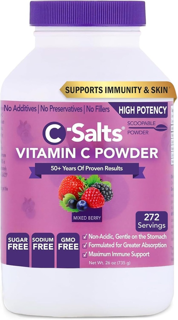 C-Salts Vitamina C Powder Suplemento - 100% Pura dosis alta Buffered Vitamin C Powder para Immune Support - Orgánico, Libre de Azúcar, Vegan, No GMO, Stomach-Friendly, Berry mixto 26oz