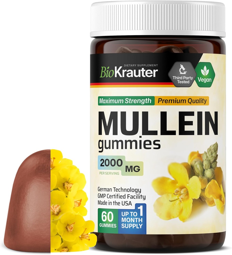 BIO KRAUTER Mullein Gummies for Lungs 2000 mg - 60 Chews - Lung Detox Suplemento - Mullein Leaf Gummies - Vegan, Gelatine-Free