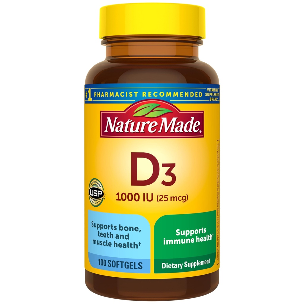 Nature Made Vitamina D3 1000 UI (25 mcg), Suplemento de vitamina D para Bone, Dientes, Muscle e Immune Health Support, 100 Softgels, 100 Day Supply