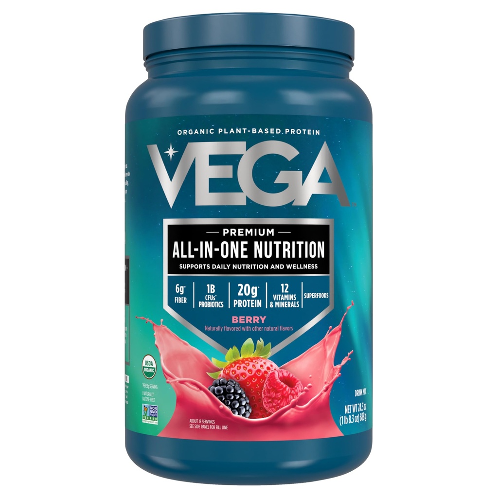 Vega All in One Nutrition Organic - 20g Plant-Based Pea Protein, Berry, 20 Servings, Vitaminas A &amp; C, Probiotics, Greens, Vegan, Keto, Gluten Free, 24.3oz (Packaging May Vary)