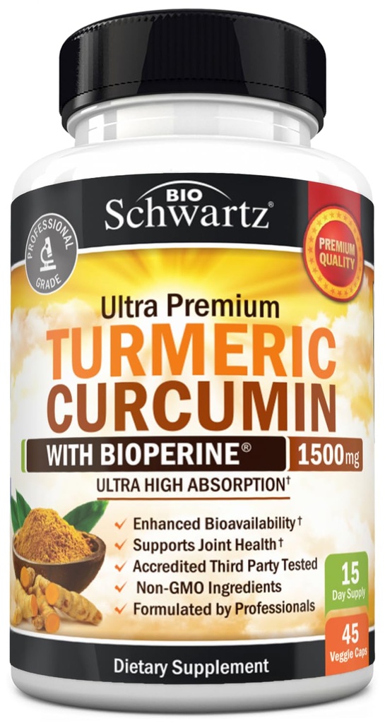 Curcumina Turmérica con extracto de cobre negro 1500mg - Alta Absorción Ultra Potent Turmeric Suplemento con 95% Curcuminoides y BioPerina - Capsúsulas no OMG para soporte conjunto - 45 cápsulas