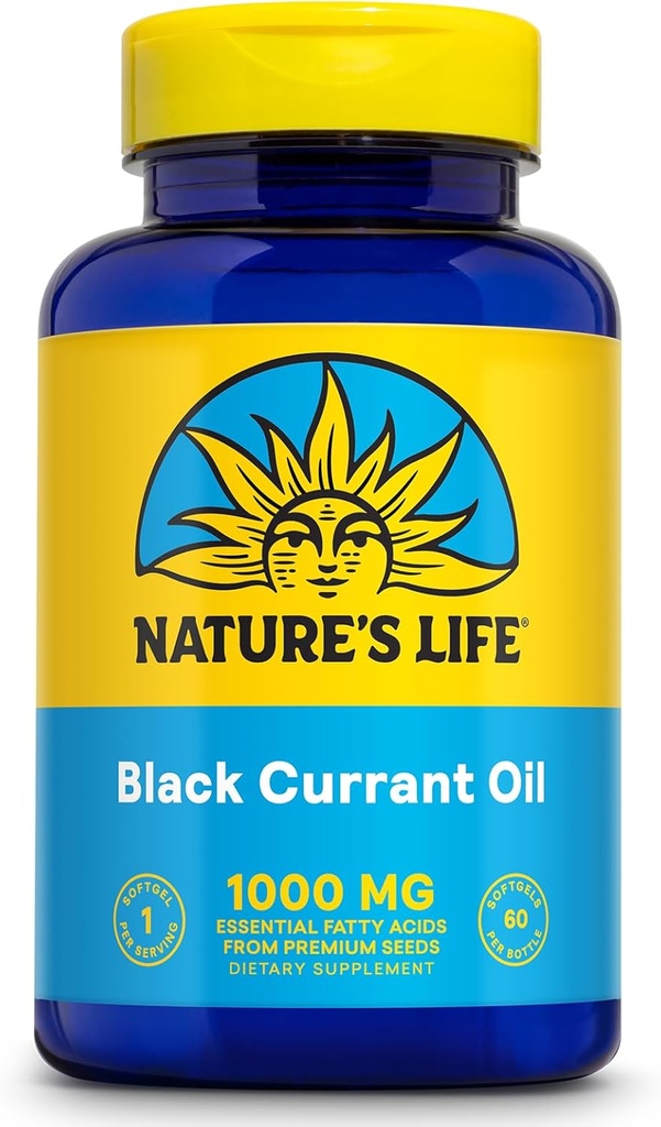 NATURE'S LIFE Black Currant Seed Oil 1000mg - Black Currant Oil, Natural Source of Omega 6 Gamma Linolenic Acid (GLA) y Omega 3 Alpha-Linolenic Acid (ALA), Garantía de 60 días, 60 Servings, 60 Softgels