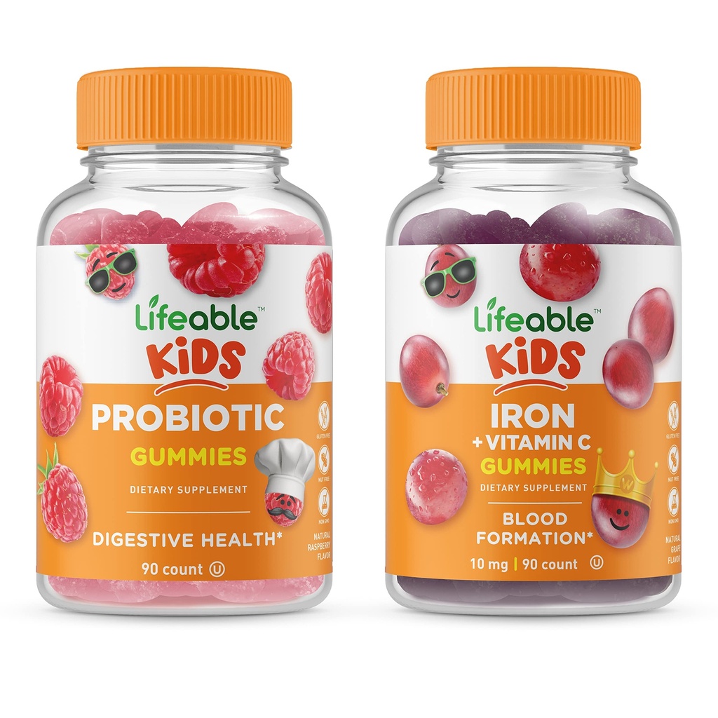 Probiótico Lifeable 2 billón de niños CFU + hierro &amp; vitamina C, Gummies Bundle - Gran Tasting, Suplemento de vitamina, Gluten Gratis, GMO Gratis, Chewable Gummy