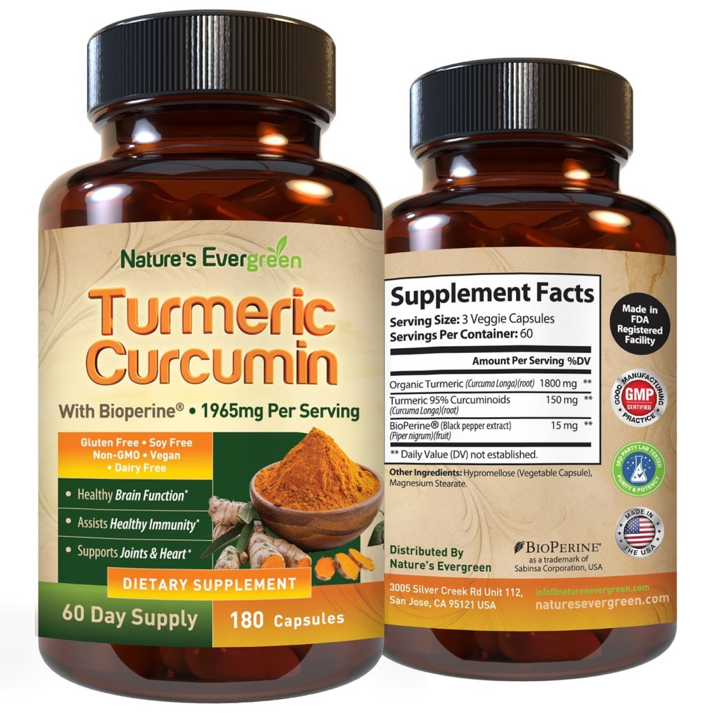 Curcumina Turmérica con Extracto de Pepper Negro (Bioperina) & Turmérica orgánica Suplemento de Apoyo Conjunto Vegano. Extracto 95% Curcuminoides 1965mg Suplemento para Juntas Saludables &amp; Soporte Inmunitario. 180 cápsulas