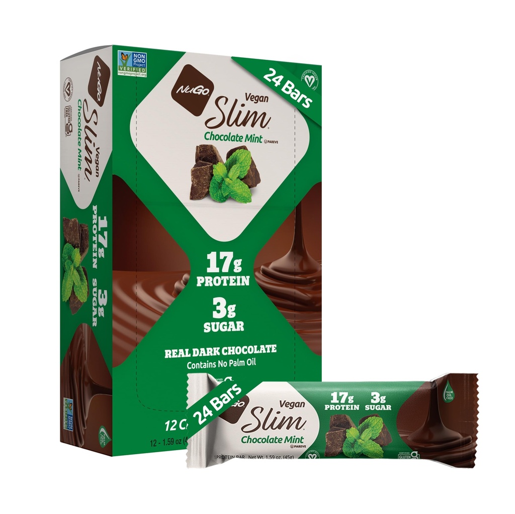 Nugo Slim Dark Chocolate Mint, 18g Vegan Protein, 3g Sugar, 6g Fiber, Low Net Carb, Keto Friendly, Gluten Free, 24 Condes