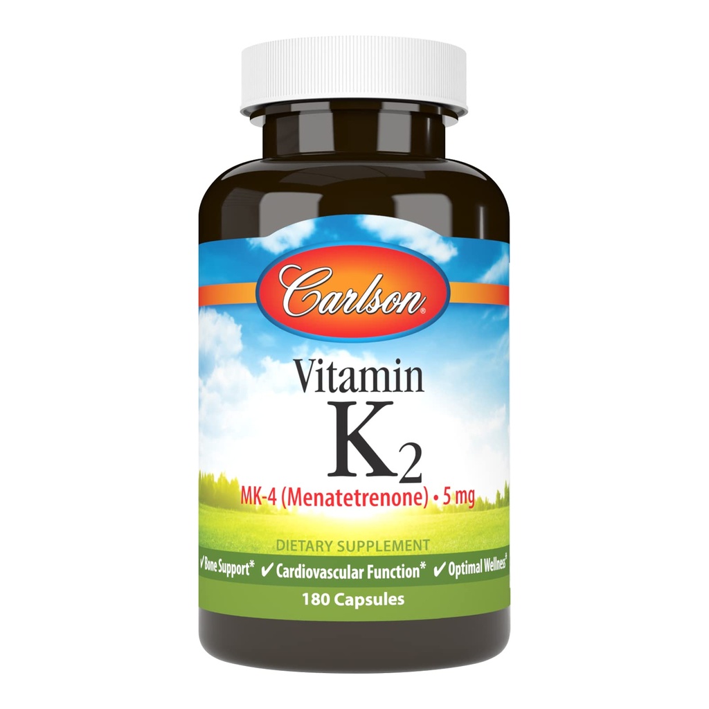 Carlson - Vitamina K2, MK-4 (Menatetrenone), Suplemento de Vitamina K, Hueso & Corazón Salud, Vitamina K2, libre de soja, Vitamina K-2, Vitaminas K2, 180 cápsulas