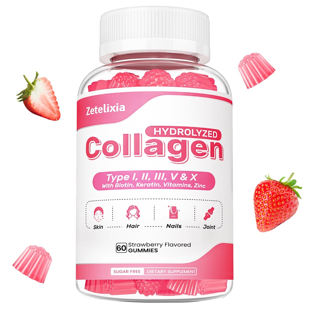 Collagen Gummies for Women Men, Hydrolyzed Collagen Peptide Type I,II,III,V,X with Biotin, Vitamina C A B D E for Skin Hair Nails J0ints, Immunity Energy Digestion, Sugar Free, 60 Count