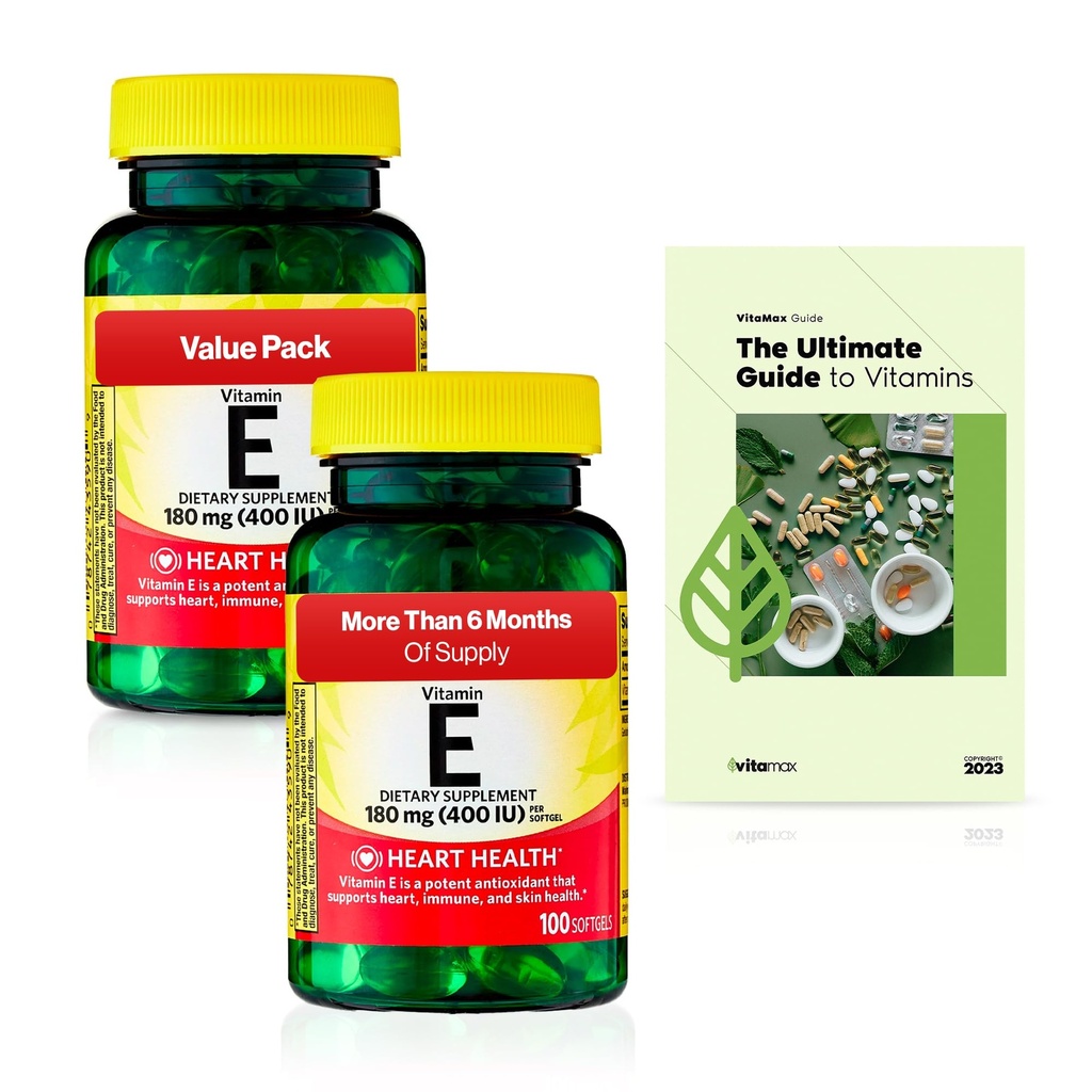 Spring Valley Vitamina E Heart Health Suplemento dietético Softgels, 180 mg (400 UI), 200 Cuenta, 2-Pack + Exclusiva VitaMax Guía de vitaminas (3 artículos)