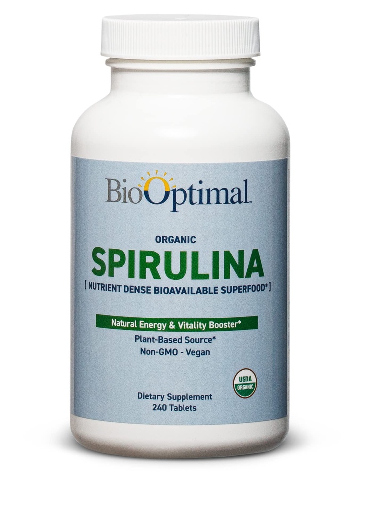 BioOptimal Organic Spirulina Tablets - Organic, Non-GMO, No Additives or Fillers - 500mg Premium Quality Suplemento dietético con vitaminas, minerales, antioxidantes (240 Tablets)
