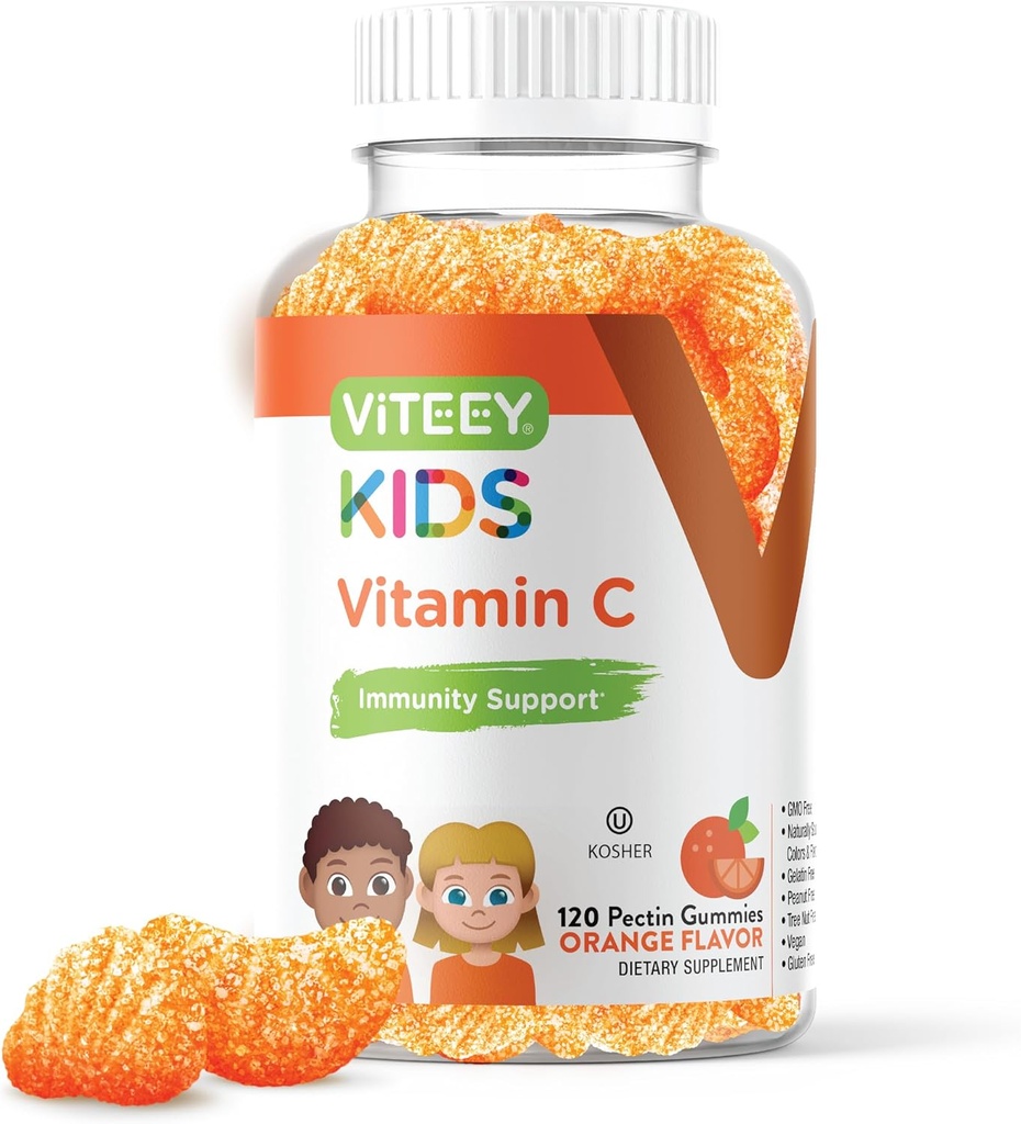 Viteey Kids Vitamina C Gummies - Soporte para niños, niños pequeños, " adolescentes - Vegan, Gelatin Gratis, Gluten Gratis, GMO Gratis - Tasty Chewable Orange Flavored Immunity Gummy