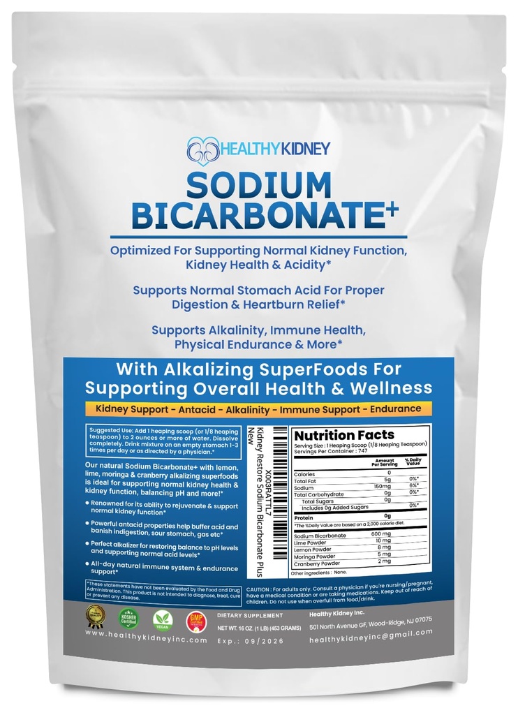 Uso orgánico Sodium Bicarbonato Alkaline Suplemento para Alkalinidad. Asistencia Los riñones " Neutralizador ácido estomacal w / Superalimentos alcalinos. Sodium Bicarbonato Powder Kidney Apoyo Antacid Sports 1LB