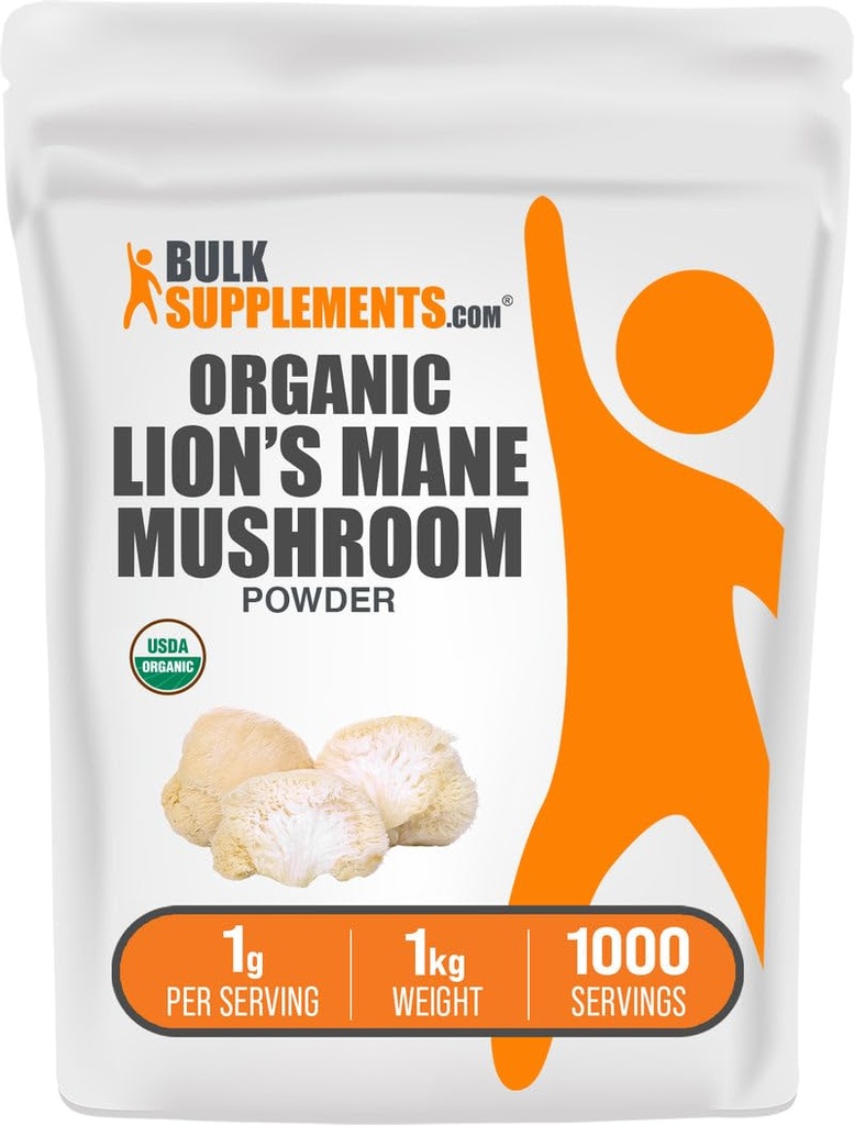 BulkSupplements.com Leones orgánicos Mane Mushroom Powder - Lions Mane Powder, Mushroom Suplemento - Vegan & Gluten Gratis, 1g por Serving, 1kg (2.2 libras) (Pack de 1)