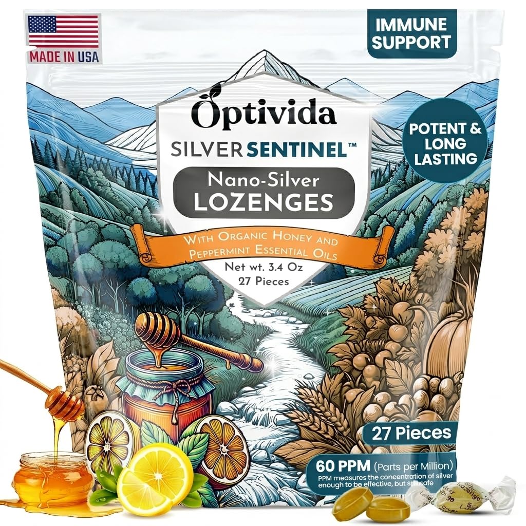 OPTIVIDA Congeladores de Plata Colloidal con Aceite de limón y miel (1 Pack) - Conseguir calmantes de garganta para adultos con alivio de tos " Fórmula de Plata Nano de acción rápida para Immune Support, 60 Ppm