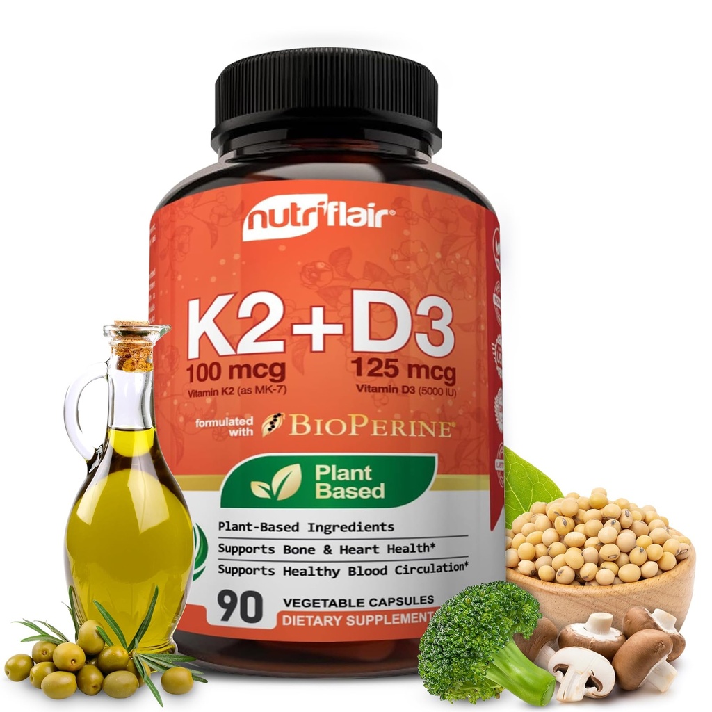 NutriFlair Vitaminas D3 (5000iu/125mcg) + K2 (como Mk7) - Fabricado con Ingredientes Plantados Plus BioPerine Black Pepper Extract, 90 Capsules - Soportes sano Immune, Corazón y Salud - Píldoras no GMO
