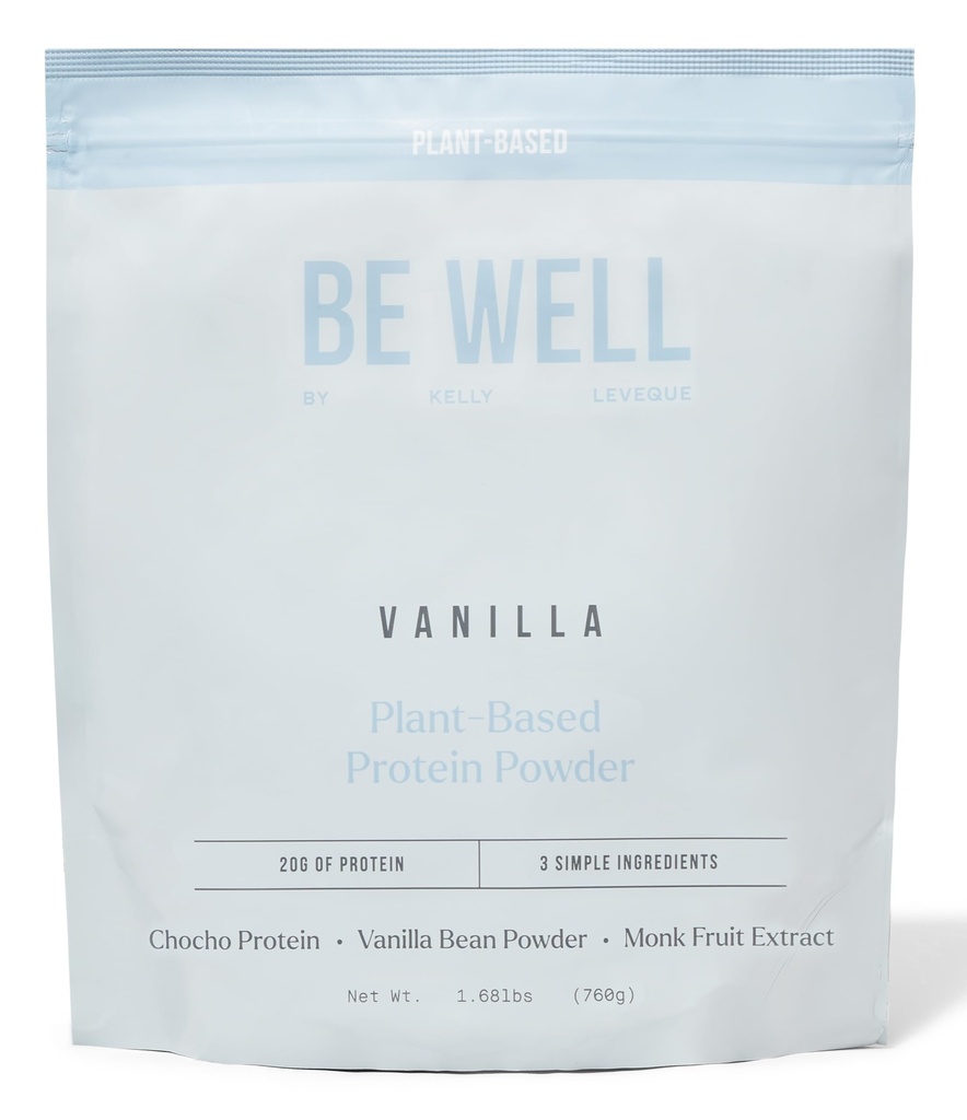 Be Well by Kelly Vanilla Plant-Based Protein Powder, Vegan 20G Protein 8G Fiber 0 Net Carb (3 Ingredientes, 20 Servings) 9 Amino Acids+3 BCAAs No Soy, No Dairy, Stevia-Free, No Sugar Añadido 1,68lb 760g