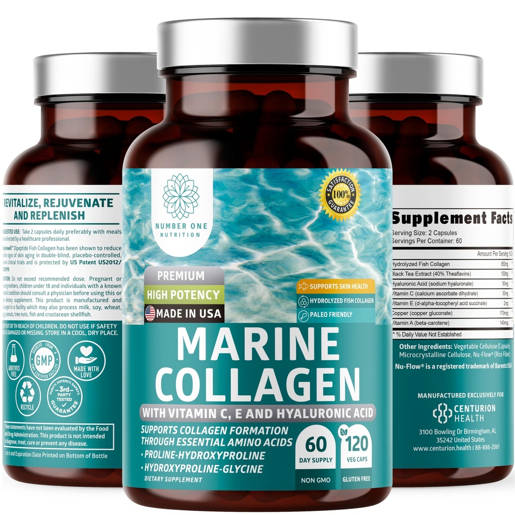 Colágeno Marino Premium Dipeptidos con Ácido Hialurónico, Vitamina C, Theaflavin y Cobre, Suplemento Collagen para Mujeres y Hombres para la Esquía Radiante, Pelo &amp; uñas, Gluten Libre y No GMO, 120 Caps de Veg