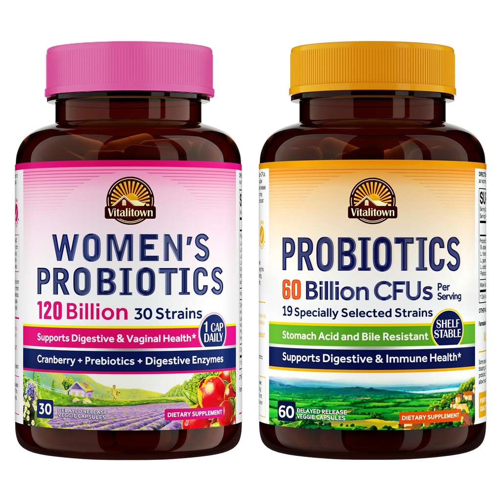 Vitalitown Probiotic Bundle (Pack of 2) ← Probiotics de las mujeres 120 Billion (Item 1) " Probiotics 60 Billion (Item 2) tención Shelf Stable ¦