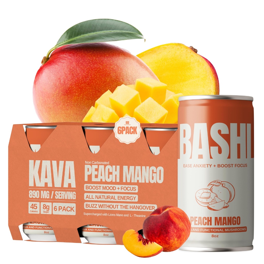 Bashi - Kava Drink Experience - 890MG of Kava, Alcohol Alternative, Natural Relaxation & Stress Relief - Plant-Based Kava Extract - Non-Alcoholic, Caffeine Free - Peach Mango 8oz - 6 Pack