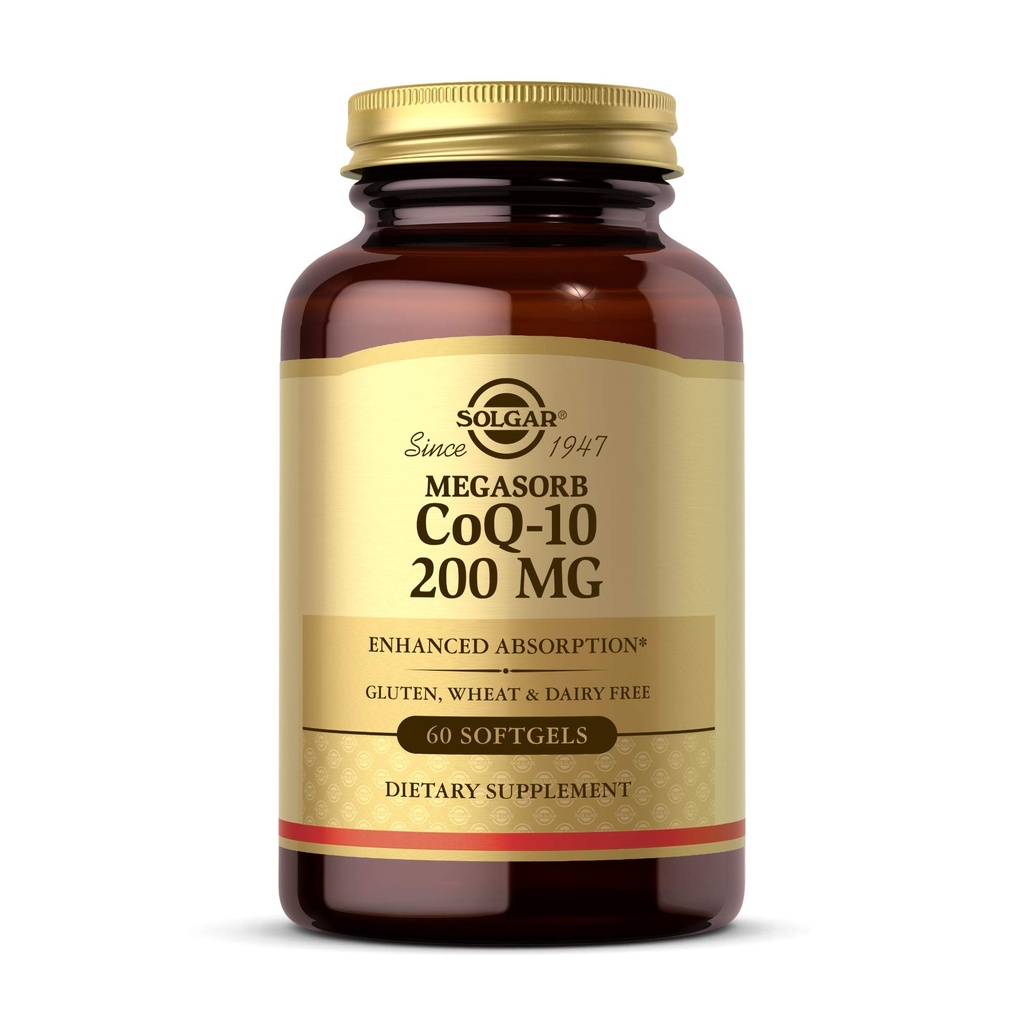 Solgar Megasorb CoQ-10 200 mg, 60 Softgels - Soporta Función del cerebro del corazón - Coenzyme Q10 Suplemento - Ausorción mejorada - Gluten Gratis, Dairy Gratis - 60 Servings