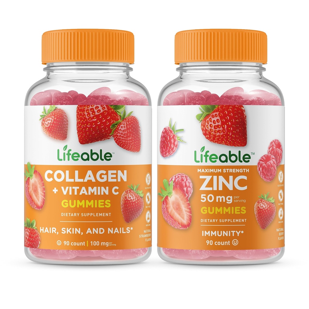 Lifeable Collagen &amp; Vitamina C + Zinc 50mg, Gummies Bundle - Gran Tasting, Suplemento de vitamina, Gluten Gratis, GMO Gratis, Chewable Gummy