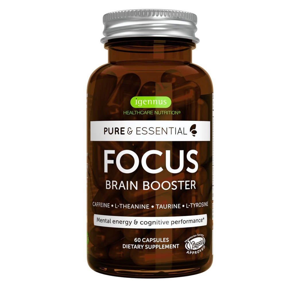 Igennus Focus - Nootropic with 200mg Natural Caffeine, Methylated B Vitamins, L-Theanine, Taurine, L-Tyrosine, Clean Energy, Brain Booster " Cognitive Performance, Non Jittery, 60 cápsulas