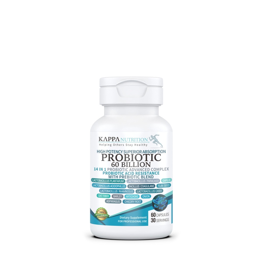 KAPPA NUTRITION Probiótico 60 Billones CFU 14 en 1 Fórmula con Prebióticos " Acidophilus for Women, Hombres " Adultos, Estante estable, Resistente ácido, Suplemento natural 60 cápsulas.