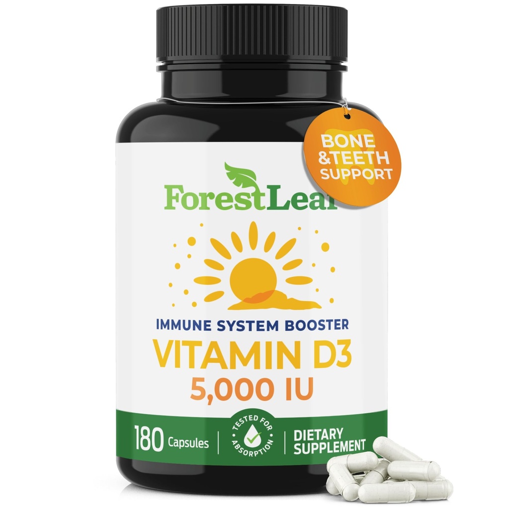 ForestLeaf Vitamina D3 5000 UI ANTE VIT D - VIT D3 Vitamina D Suplementos para Mujeres y Hombres TENIDO Bone Health, Teeth and Immune Support TEN Easy to Swallow Pills ← One Capsule Daily, 6-Month Supply, 180 Count